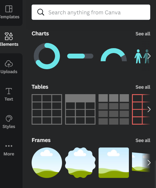 Screenshot of Canva menu showing frames